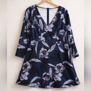 NWT Alexia Admor Floral Dress 1X Navy Lavendar V-Neck Fit & Flare 3/4 Sleeve